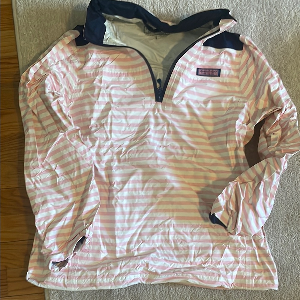 Vineyard Vines Waterproof Pink and White Striped Pullover